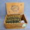 Sixty SPRG 30-06 rifle shells in a cigar box measuring approx 8
