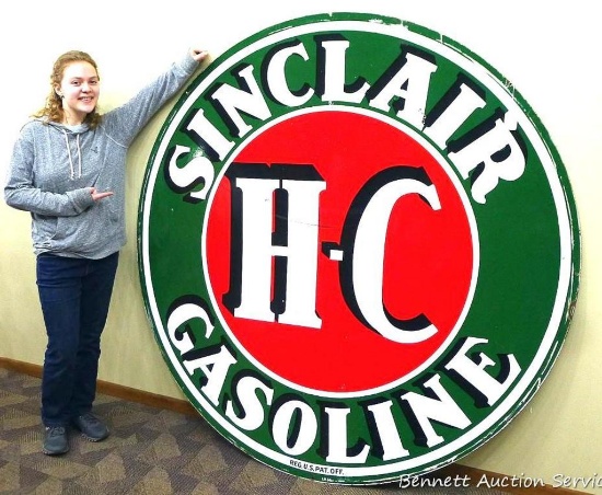Remarkable double sided Sinclair H-C Gasoline service station sign is 6' in diameter and is in