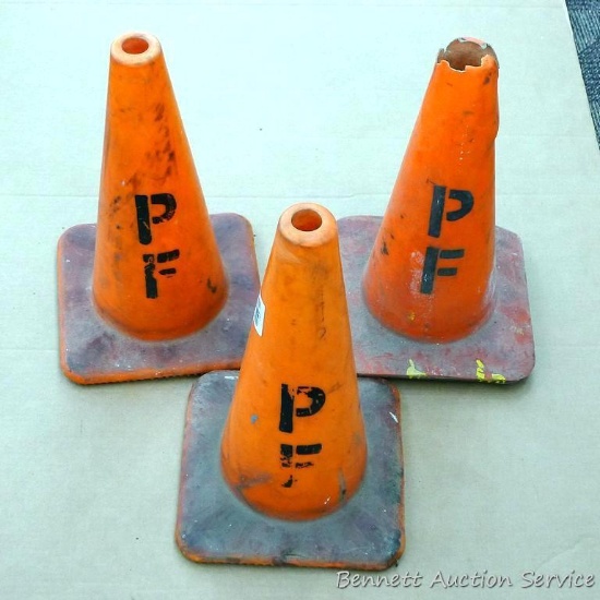 Three 18" caution road cones in fair to good condition.