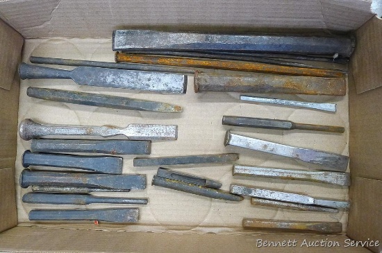 Assortment of metal chisels, punches and more. Longest chisel is 12".