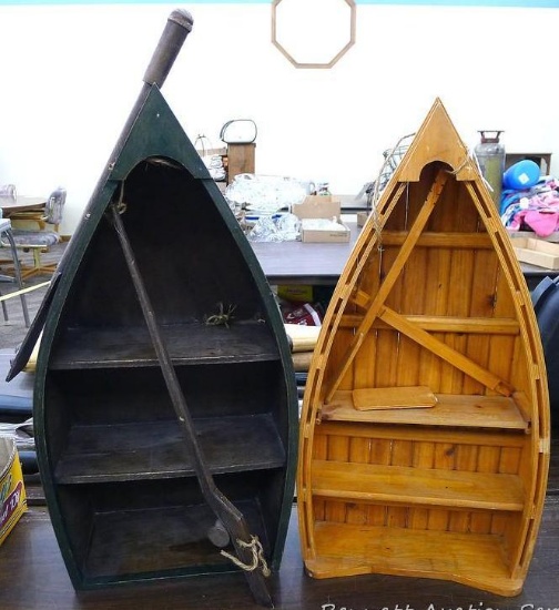 Two decorative boat shelves, larger one is 24-1/2" x 13" without paddle. Smaller shelf paddle is