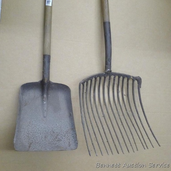 Vintage silage tine fork, 13-1/2" x 46", been repaired and head is loose; flat edge shovel, 11" x