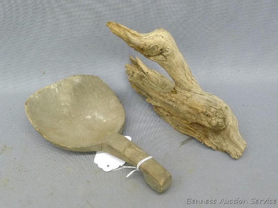 Vintage wooden butter paddle, 5" x 5" and small piece of driftwood resembles duck shape, 9" x 7".