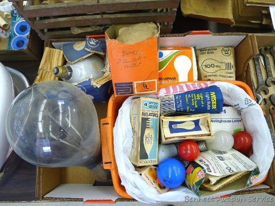 Assortment of light bulbs incl. red and blue and more.