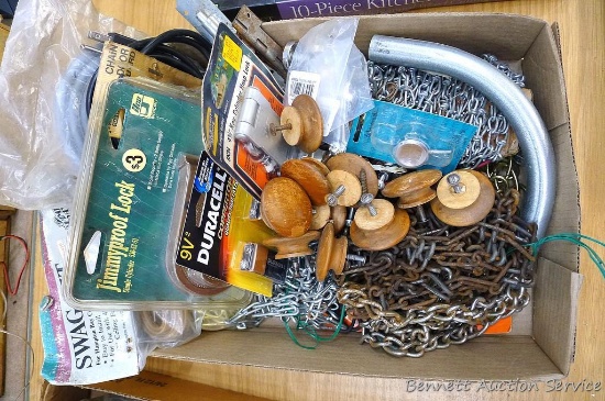 Assortment of smaller chain of different lengths, wooden drawer handles, jimmy-proof lock, more.