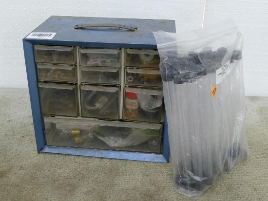 Metal organizing cabinet with an assortment of cotter keys, bolts and washers and more. Measures 10"