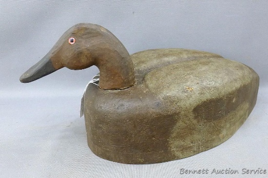 Seller states LL Bean Canvas Back Magnum wooden duck decoy with glass eyes. Approx. 16" x 8".