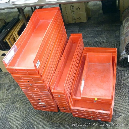 Large assortment of bins. Long ones are 8-1/2" x 23" x 4" deep. Small long ones are 4" x 23-1/2" x