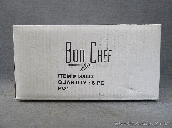 Six Bon Chef small serving side pans, NIB. Measures 4-3/4" w x 1-1/2" deep.
