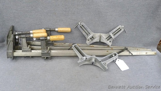 Four Babco Tools metal bar clamps, 27-1/2" long and two corner clamps.