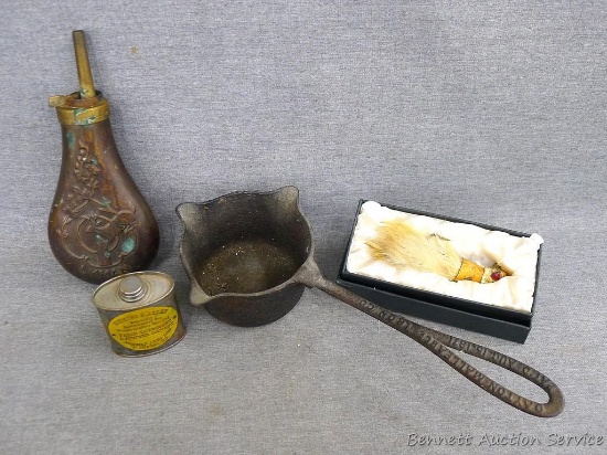Vintage Dayton Malleable cast iron ladle, marked Pat. Aug 15, 1871. Approx. 12" x 5"; Lyman muzzle