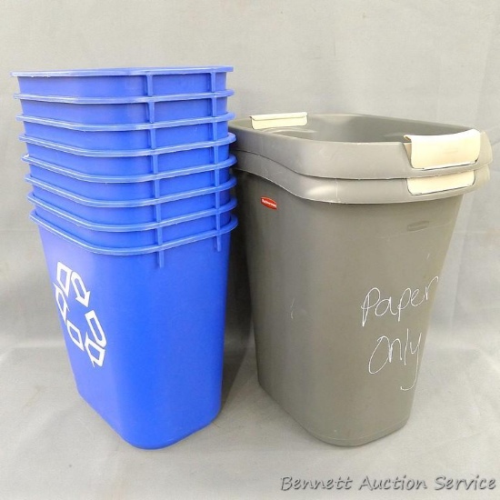 Two Rubbermaid garbage cans, 14" x 10" x 17" tall; Eight recyclable garbage cans, 12" x 8" x 12"