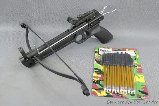 Pistol cross bow and bolts. Bow is 17" x 12".