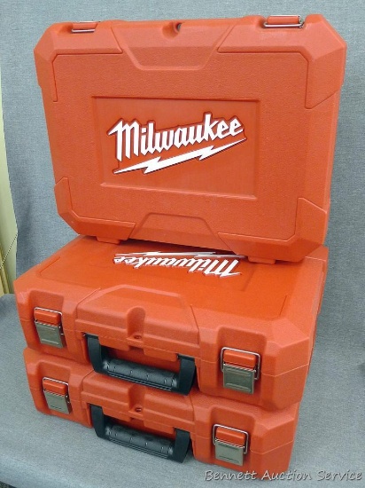 Three Milwaukee cordless drill storage cases. Each measure 17" x 14" x 5".