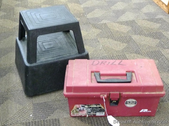 Plano tool box with removable tray, 17" x 9" x 7" high and rolling step stool, 12" x 12".