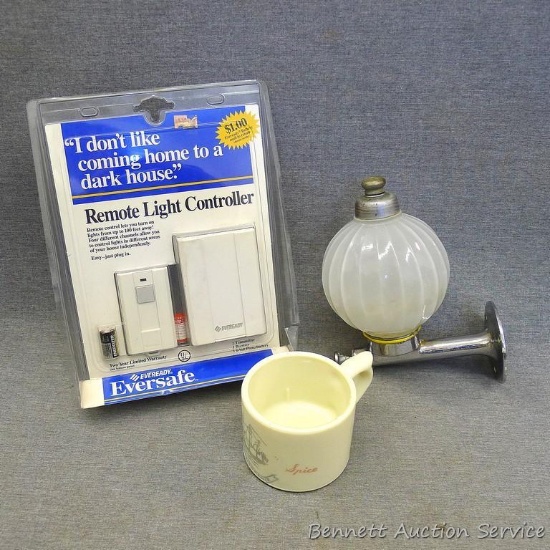 West Soap hand pump liquid soap dispenser; vintage Old Spice shaving mug; NIP Remote Light