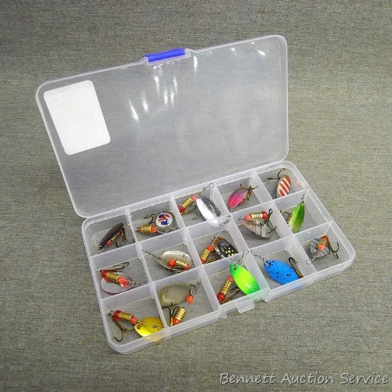 15 spinner fishing lures in a 6-3/4"x 4" box. Appears to be new.