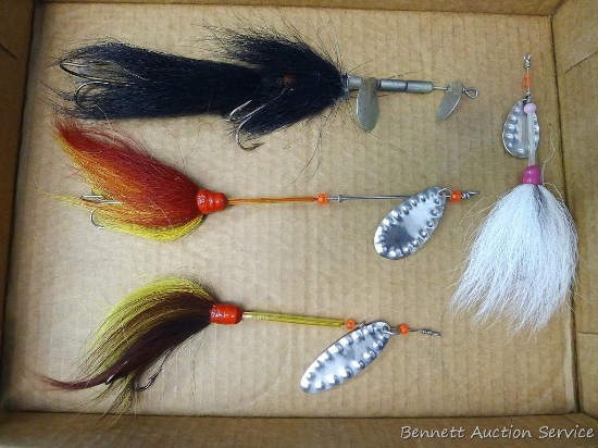 4 bucktail lures including one with two spoons marked Hildebrandt-one says '4', one says '4-1/2'.