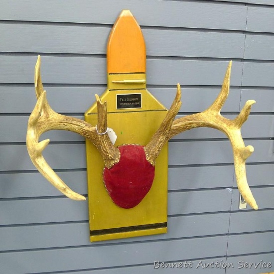 12 point whitetail antlers are mounted on a cartridge shaped plaque. Inside spread is 18", outside