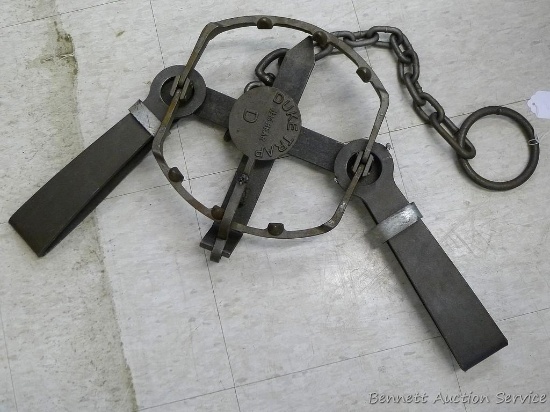 Duke No. 15 bear trap is huge! Trip pan has been welded, and springs are compressed and banded.