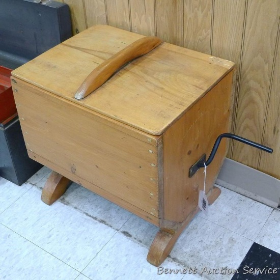 I think this is a homemade paddle-style hand cranked butter churn, it measures 16"x 16"x 12".