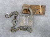 Antique Morris & Co. stamped steel padlock with security chain is 3