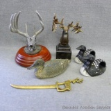 Interesting wildlife figurines incl. deer, loons, more. Also includes brass letter opener.