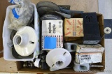 Assortment of electrical components incl. adapters, porcelain switches, ceramic insulators, splice