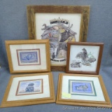 Four framed wildlife prints and a Barnwood framed fabric piece. Barnwood frame is approx. 15