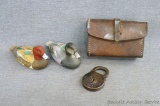 Vintage Six Lever Sargent padlock, no key; duck decanters; vintage leather case stamped B.E.G. Co