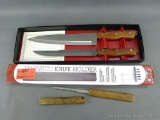 Magnetic Knife holder NIB, two stainless steel Maxam knives and serrated knife in wooden case.