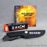 Ruger fixed blade knife and sheath; NIB five-in-one EDC folding tactical defense and survival knife;