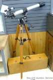 Vintage Selsi telescope with coated optics, adjustable wooden tripod and dovetail storage box.