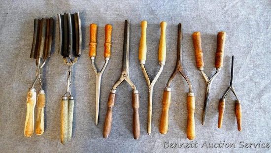 Wonderful collection of antique curling irons and crimpers. Smallest iron is marked Duke and