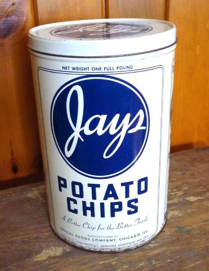 Vintage Jay's Potato Chip tin once held one full pound of chips. Tin has nice graphics, is in great