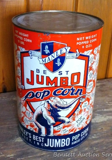 Manley Best Jumbo Popcorn tin is very colorful with nice graphics. Bottom has been removed from this