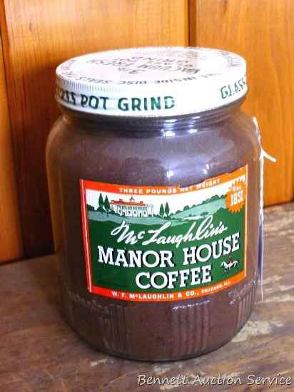 3 lb vacuum sealed jar of McLaughlin Manor House coffee, glass pot grind. Seal is still intact - let