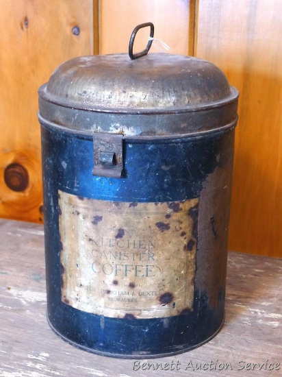 Neat old Coffee Kitchen Canister by Roundy, Peckham & Dexter of Milwaukee. Tin canister stands