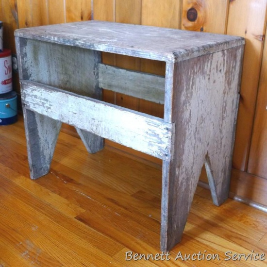 Rustic side table measures approx. 26" x 16" x 22" high. Pretty sturdy little table.