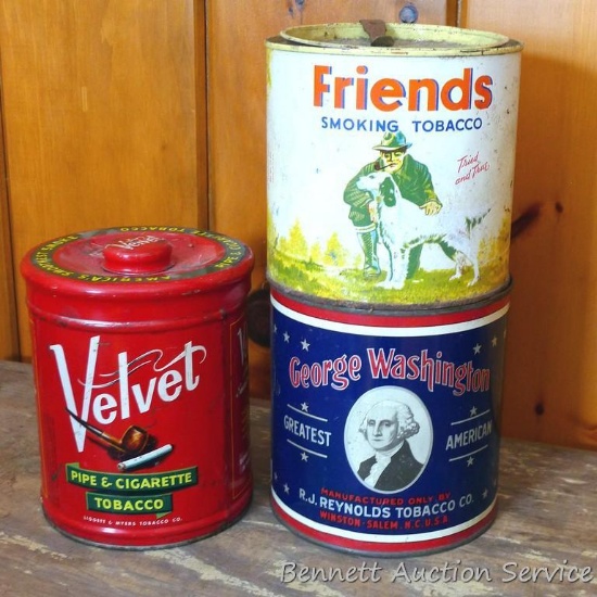 Three tobacco tins including George Washington, Velvet and Friends smoking tobacco. Velvet tin is