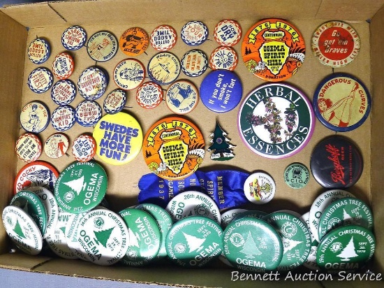 Promo button pins and more. Includes Ogema Christmas Tree Festival, Berghoff Beer, Ogema Spirit Hill