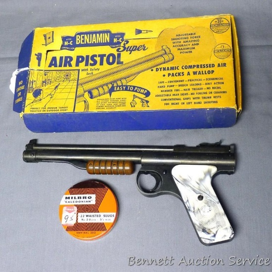 Benjamin Model 132 high compression .22 air pistol with store display box and a partial tin of