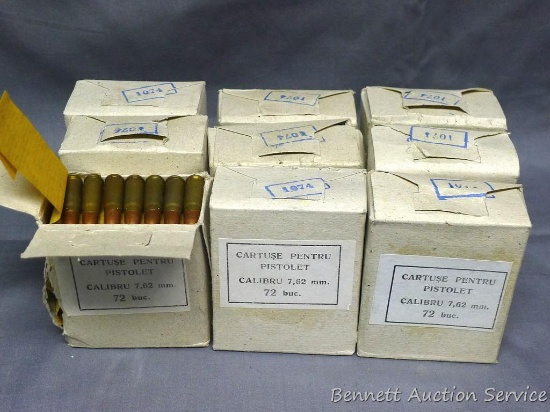 Nine boxes of 7.62 Takarev pistol cartridges. Some boxes have split sides, so we are unsure of