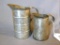Stamped metal one quart measure, plus a stamped metal pitcher that looks to be approx. one pint.