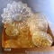 Assorted pressed glass platter, serving dishes, candy dish, and more. Platter is 11-1/2
