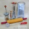 Catchy red kitchen utensils and some complementary pieces. Rolling pin is 17