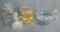 Pyrex 6 cup tea pot; floral glass canister with lid; other glass canister with lid; cruet with