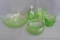 Green Depression glass. Notes found with pieces indicate patterns including 'Roulette', 'Georgian',