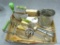 Great assortment of vintage green handled kitchen utensils including chopper, jar lifter, masher,