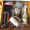 Newer style kitchen utensils and tools including ice cream scoop, sieve, masher, knives, hand mixer,